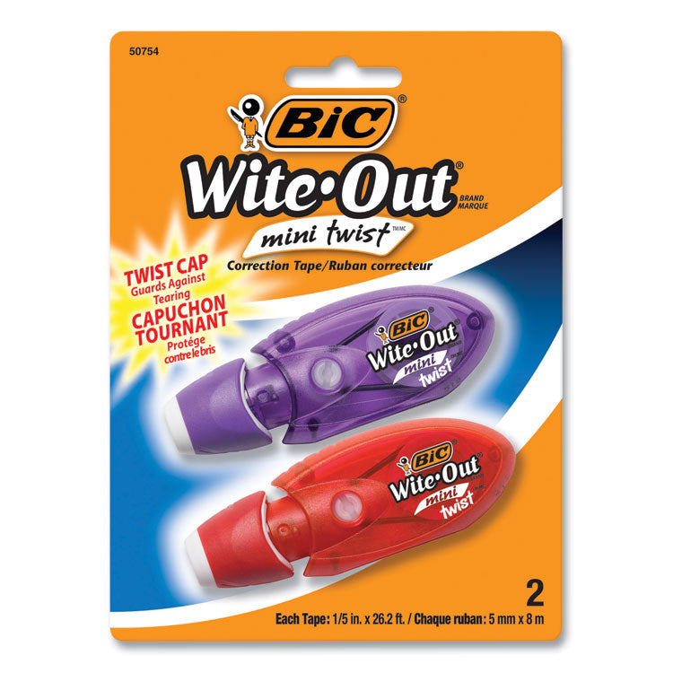 Wite-Out Brand Mini Twist Correction Tape, Non-Refillable, 0.2" x 26.17 ft, White Tape, Assorted Dispenser Colors, 2/Pack