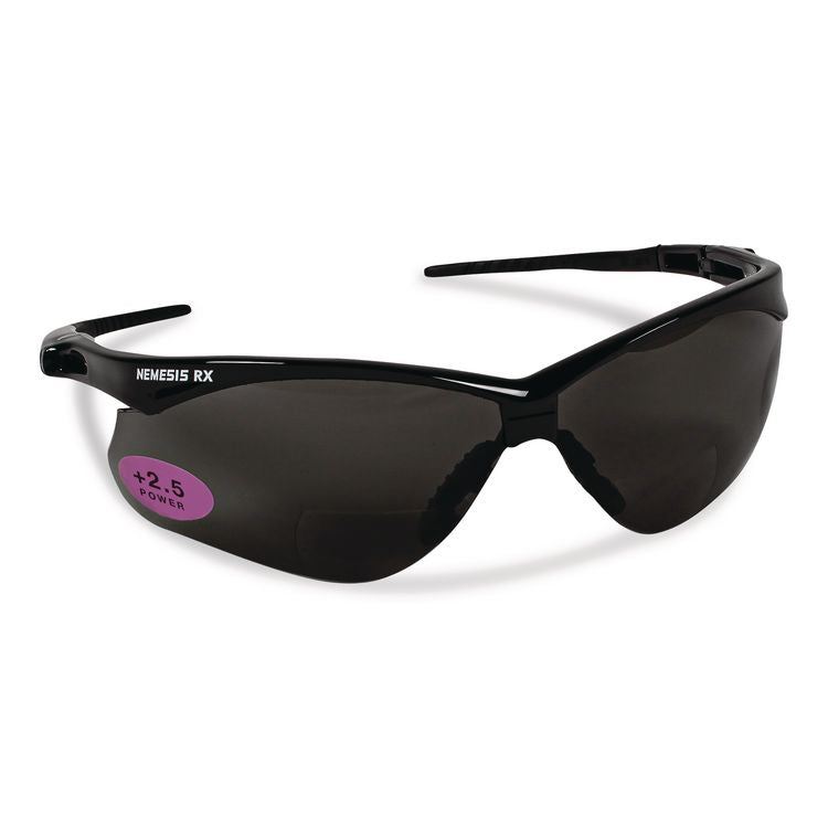 Nemesis Readers Safety Glasses, 2.5+ Diopter, Black Half Frame, Smoke Dual Lens, 6/Box