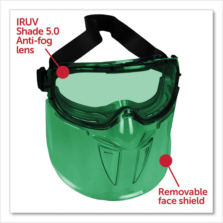 V90 Shield Safety Goggles with Face Shield, OTG, Green Shade 3 VLT Anti-Fog Lens, Black Frame, 6/Box