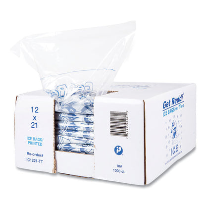 Ice Bags with Twist-Ties, Ice: Penguin Icon Labeling, 10 lb Capacity, 1.5 mil, 12" x 21", Clear, 1,000/Carton