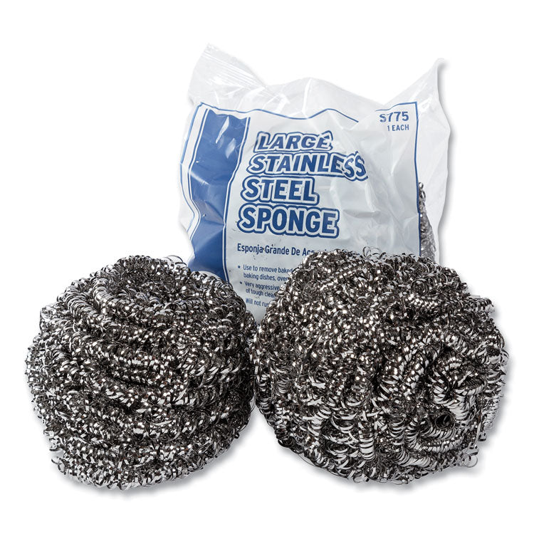 Stainless Steel Sponge, Polybagged, 1.75 oz, Gray, 12/Pack, 6 Packs/Carton
