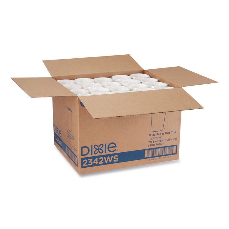 Pathways Paper Hot Cups, WiseSize, 12 oz, White/Brown, 25/Bag, 20 Bags/Carton
