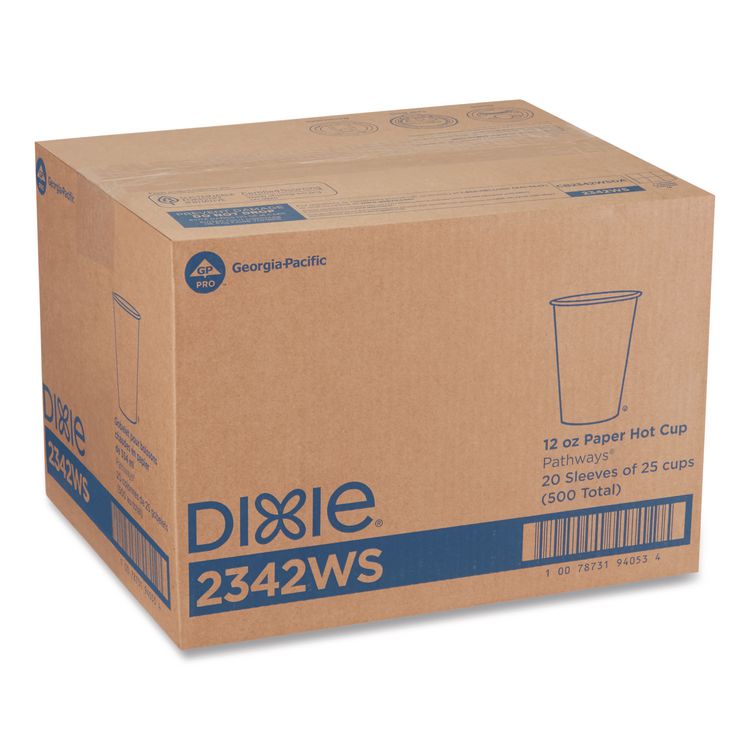 Pathways Paper Hot Cups, WiseSize, 12 oz, White/Brown, 25/Bag, 20 Bags/Carton