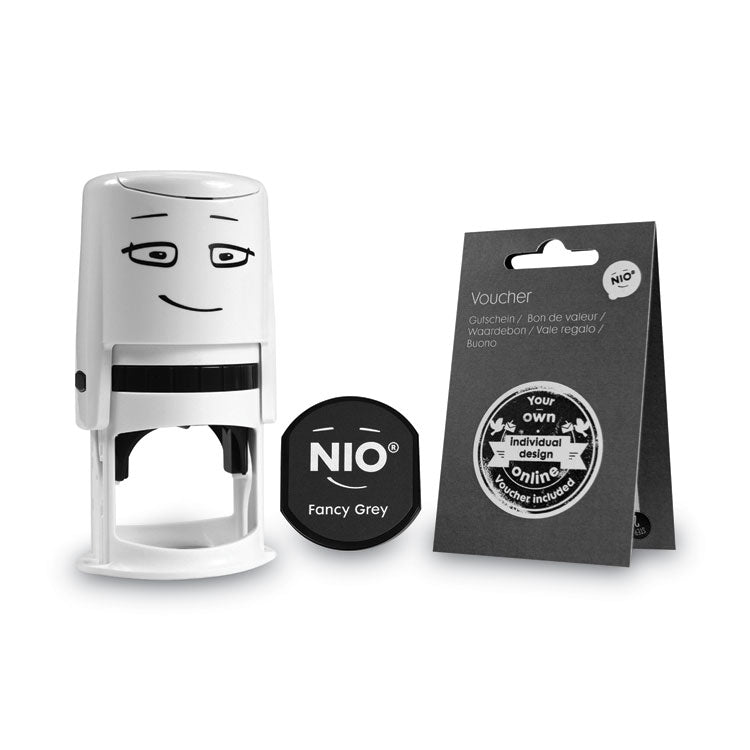 Stamp with Voucher and Fancy Gray Ink Pad, Self-Inking, 1.56" Diameter