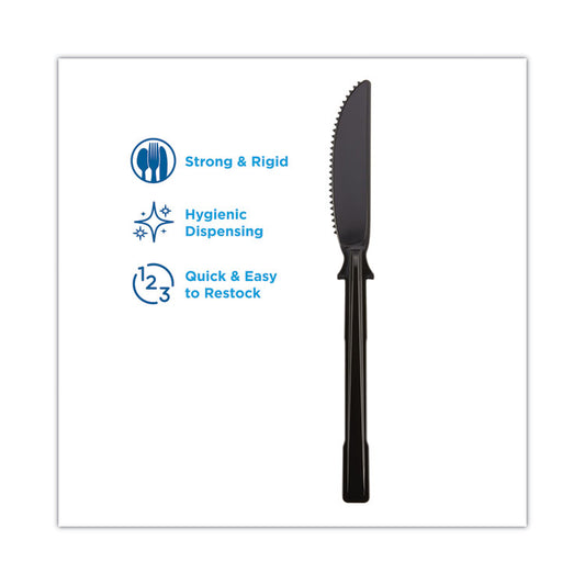 SmartStock Tri-Tower Dispensing System Polystyrene Cutlery, Mediumweight Knife, Plastic, Black, 40/Pack, 24 Packs/Carton
