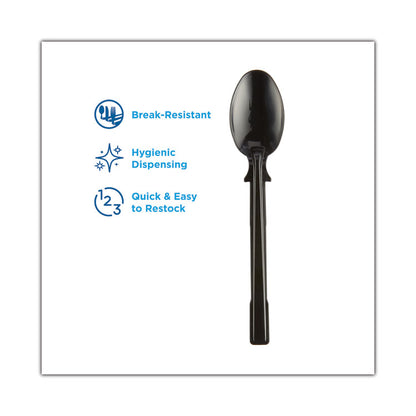 SmartStock Tri-Tower Dispensing System Polypropylene Cutlery, Mediumweight Spoon, Plastic, Black, 40/Pack, 24 Packs/Carton