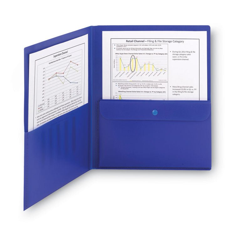 Poly Two-Pocket Folders with Security Pocket, Accommodates (100) 11 x 8.5 Sheets, Blue, 5/Pack