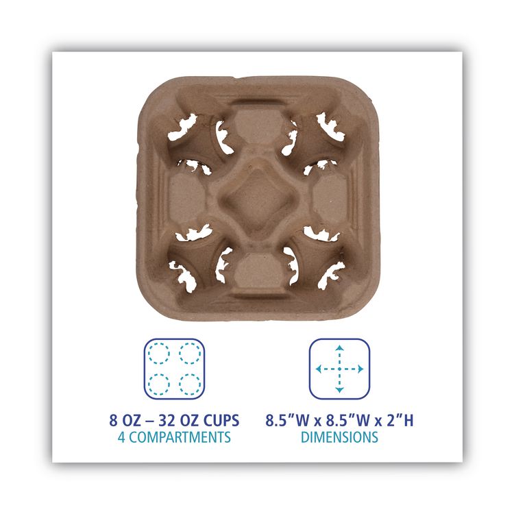 Cup Carrier Tray, 8 oz to 32 oz, Four Cups, Kraft, 300/Carton