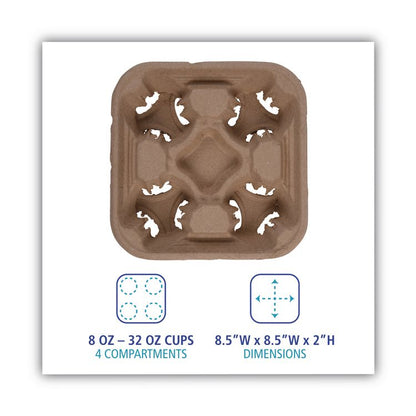 Cup Carrier Tray, 8 oz to 32 oz, Four Cups, Kraft, 300/Carton