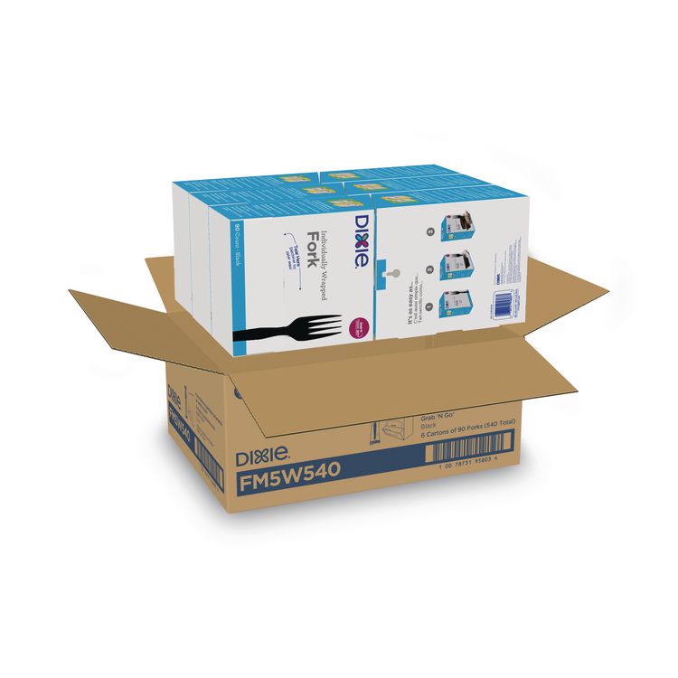 Grab'N Go Wrapped Cutlery, Fork, Plastic, Black,  90/Box, 6 Boxes/Carton
