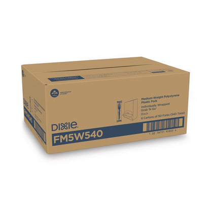 Grab'N Go Wrapped Cutlery, Fork, Plastic, Black,  90/Box, 6 Boxes/Carton