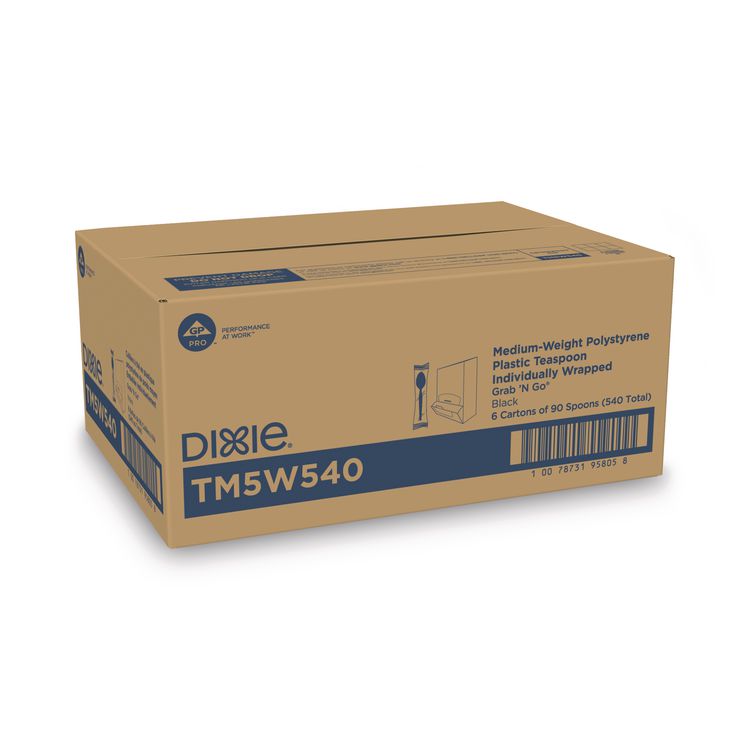 Grab N Go Wrapped Cutlery, Spoon, Plastic, Black, 90/Box, 6 Boxes/Carton