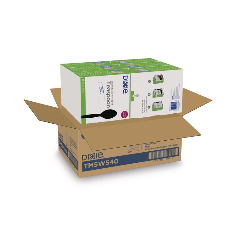 Grab N Go Wrapped Cutlery, Spoon, Plastic, Black, 90/Box, 6 Boxes/Carton