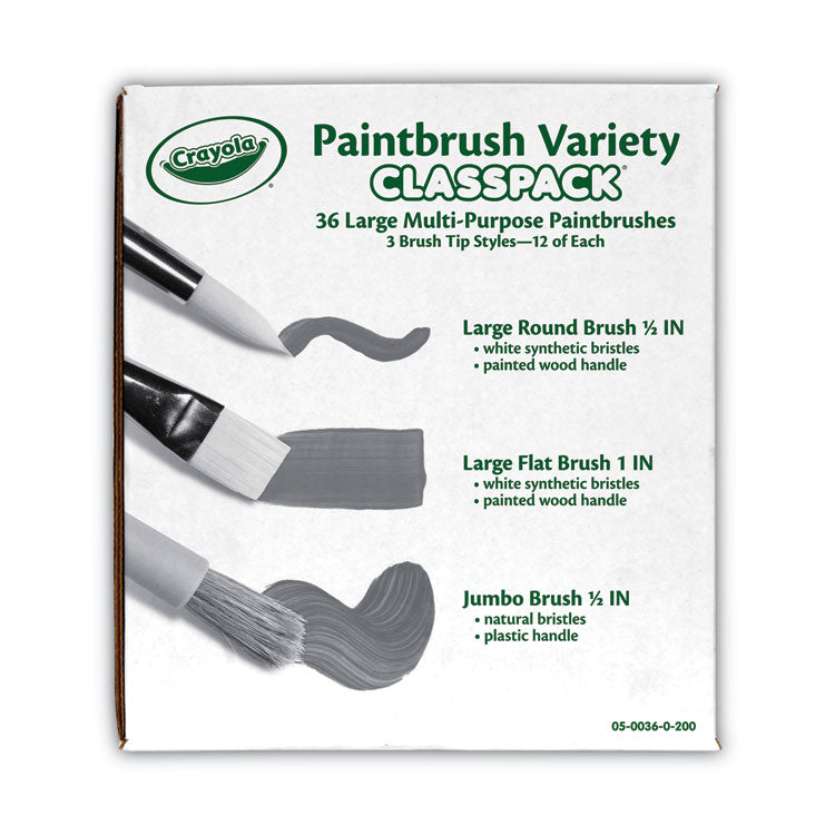 Large Variety Paint Brush Classpack, Natural, Nylon Bristles, Flat, Round Profiles, 36/Set