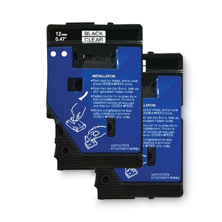 TC Tape Cartridges for P-Touch Labelers, 0.47" x 25.2 ft, Black on Clear, 2/Pack