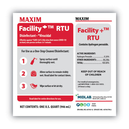 Facility+ RTU Disinfectant, Safe-to-Ship, Unscented, 32 oz Bottle, 6/Carton