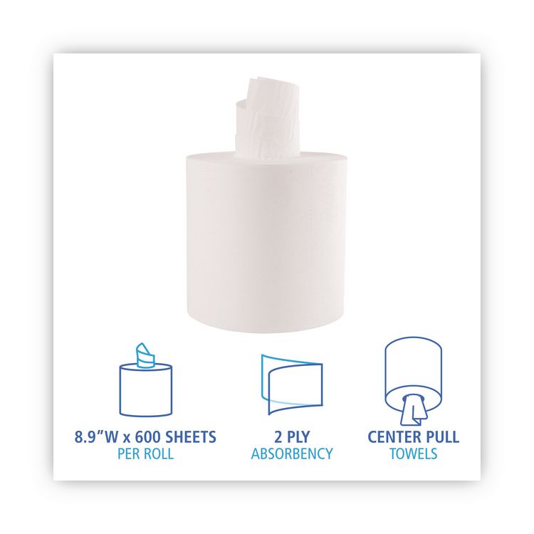 Center-Pull Roll Towels, 2-Ply, 7.6 x 8.9, White, 600/Roll, 6/Carton