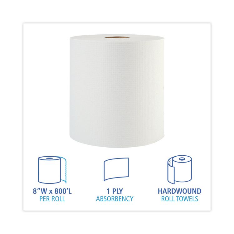 Hardwound Paper Towels, 1-Ply, 8" x 800 ft, White, 6 Rolls/Carton
