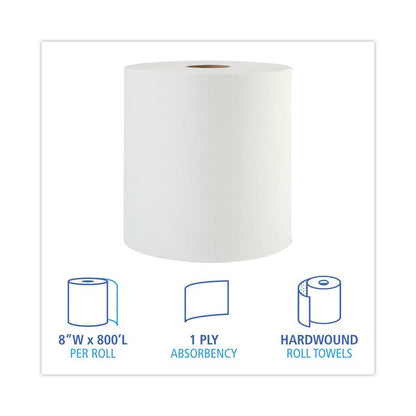 Hardwound Paper Towels, 1-Ply, 8" x 800 ft, White, 6 Rolls/Carton