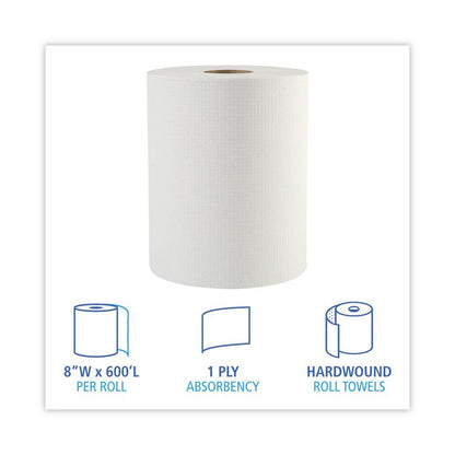 Hardwound Paper Towels, 1-Ply, 8" x 600 ft, White, 2" Core, 12 Rolls/Carton