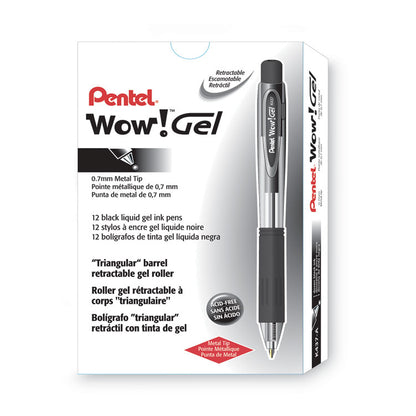 WOW! Gel Pen, Retractable, Medium 0.7 mm, Black Ink, Clear/Black Barrel, Dozen