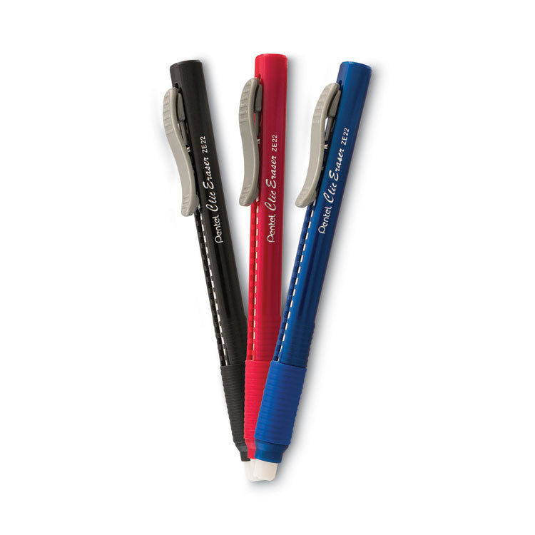 Clic Eraser Grip Eraser, For Pencil Marks, White Eraser, Randomly Assorted Barrel Color, 3/Pack
