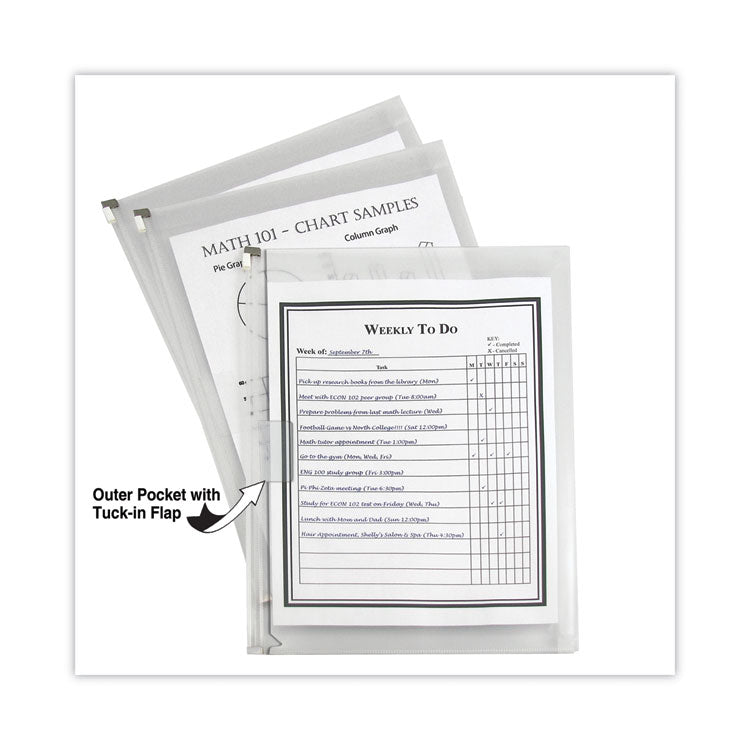 Zip 'N Go Reusable Envelope with Outer Pocket, 1" Capacity, 2 Sections, 10 x 13, Clear, 3/Pack