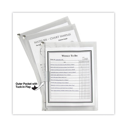 Zip 'N Go Reusable Envelope with Outer Pocket, 1" Capacity, 2 Sections, 10 x 13, Clear, 3/Pack