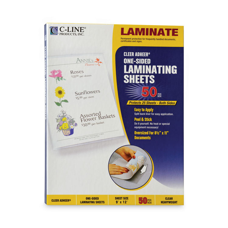 Cleer Adheer Self-Adhesive Laminating Film, 2 mil, 9" x 12", Gloss Clear, 50/Box