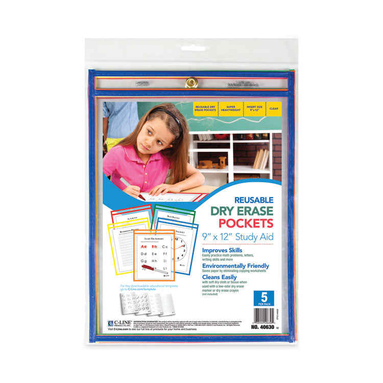 Reusable Dry Erase Pockets, Super Heavy-Duty, Top Load 9 x 12 Insert, Clear Front, Assorted Border Colors, 5/Pack