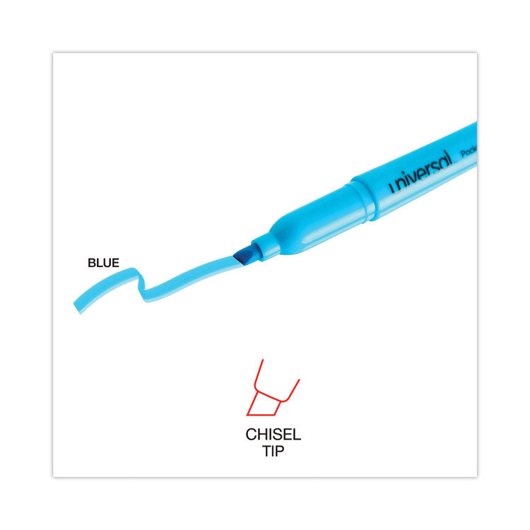 Pocket Highlighters, Fluorescent Blue Ink, Chisel Tip, Blue Barrel, Dozen
