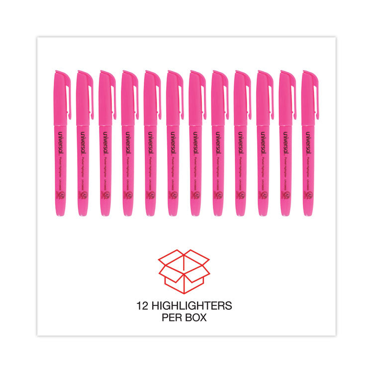 Pocket Highlighters, Fluorescent Pink Ink, Chisel Tip, Pink Barrel, Dozen