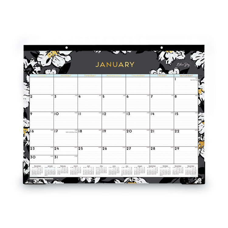 Baccara Dark Desk Pad, Floral Artwork, 22 x 17, White/Black/Gold Sheets, Black Binding, 12-Month (Jan to Dec): 2026