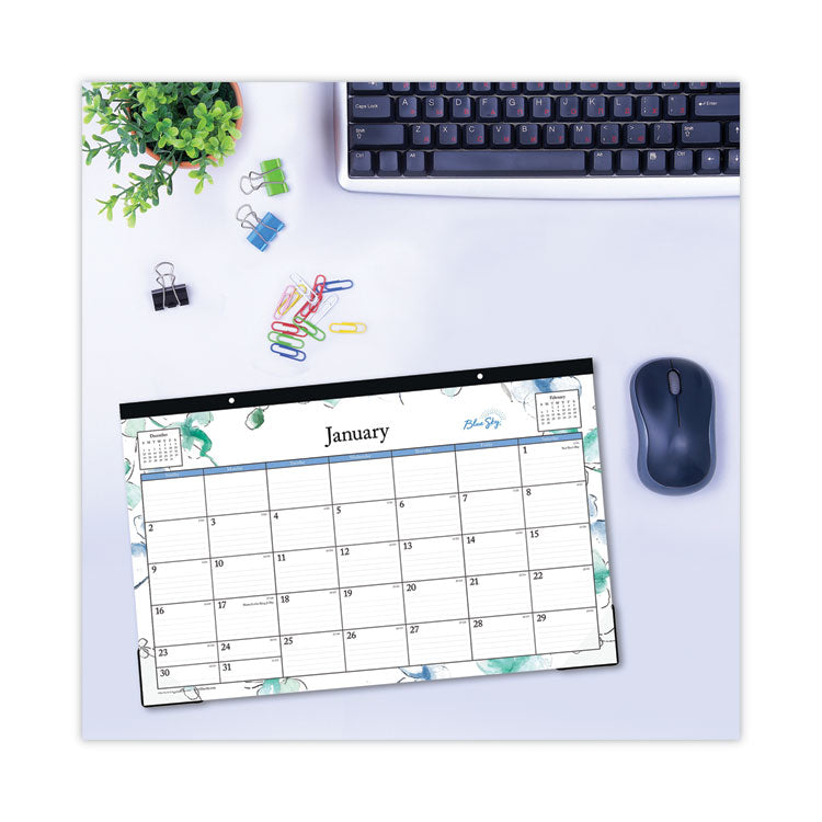 Lindley Desk Pad, Floral Artwork, 17 x 11, White/Blue/Green Sheets, Black Binding, Clear Corners, 12-Month (Jan to Dec): 2026