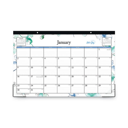 Lindley Desk Pad, Floral Artwork, 17 x 11, White/Blue/Green Sheets, Black Binding, Clear Corners, 12-Month (Jan to Dec): 2026