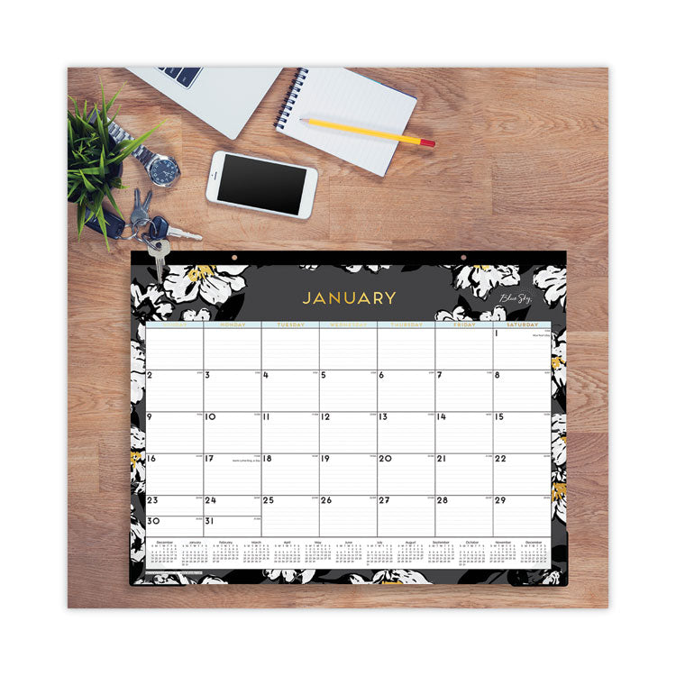 Baccara Dark Desk Pad, Floral Artwork, 22 x 17, White/Black/Gold Sheets, Black Binding, 12-Month (Jan to Dec): 2026