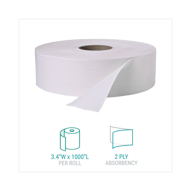 Jumbo Roll Bath Tissue, Septic Safe, 2-Ply, 3.4" x 1,000 ft, White, 12 Rolls/Carton