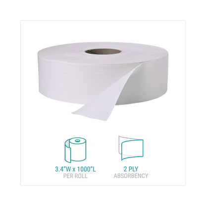 Jumbo Roll Bath Tissue, Septic Safe, 2-Ply, 3.4" x 1,000 ft, White, 12 Rolls/Carton