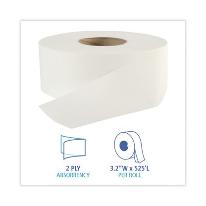 Jumbo Roll Bathroom Tissue, Septic Safe, 2-Ply, 3.2" x 525 ft, White, 12 Rolls/Carton