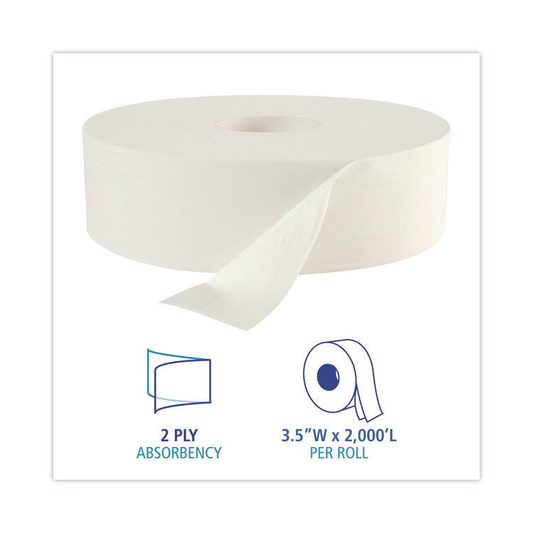 JRT Jumbo Roll Bathroom Tissue, Septic Safe, 2-Ply, 3.5" x 2,000 ft, White, 6 Rolls/Carton