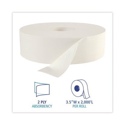 JRT Jumbo Roll Bathroom Tissue, Septic Safe, 2-Ply, 3.5" x 2,000 ft, White, 6 Rolls/Carton