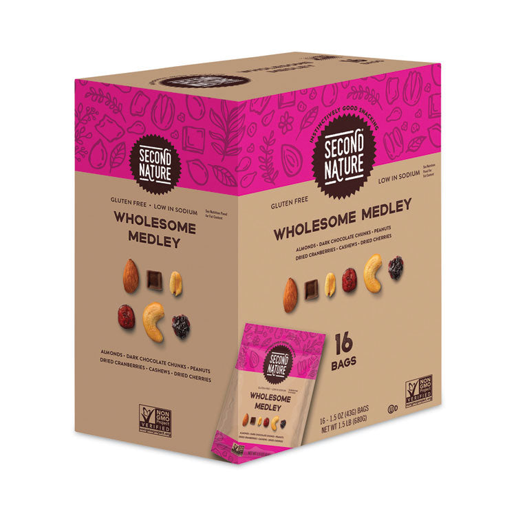 Wholesome Medley Trail Mix, 1.5 oz Bag, 16 Bags/Carton