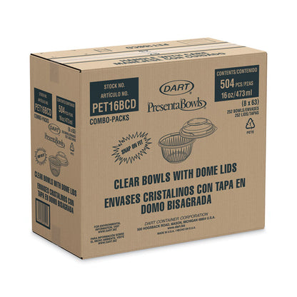 PresentaBowls Bowl/Lid Combo-Paks, 16 oz, 5.38" Diameter x 2.6" h, Clear, Plastic, 63/Pack, 4 Pack/Carton