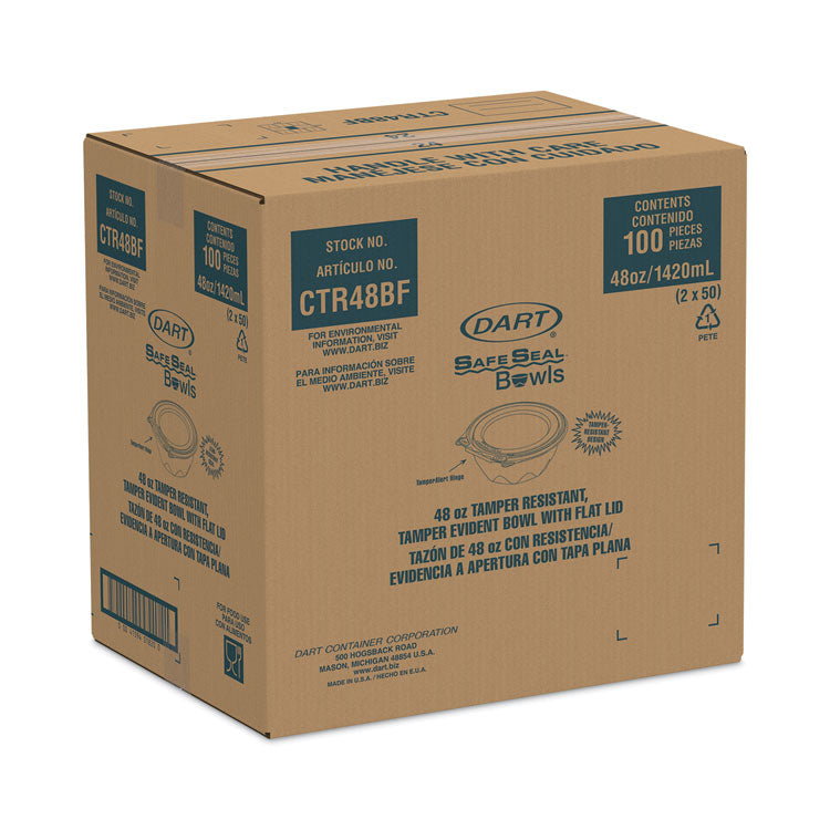 SafeSeal Tamper-Resistant, Tamper-Evident Bowls with Flat Lid, 48 oz, 8.9" Diameter x 2.8" h, Clear, Plastic, 100/Carton