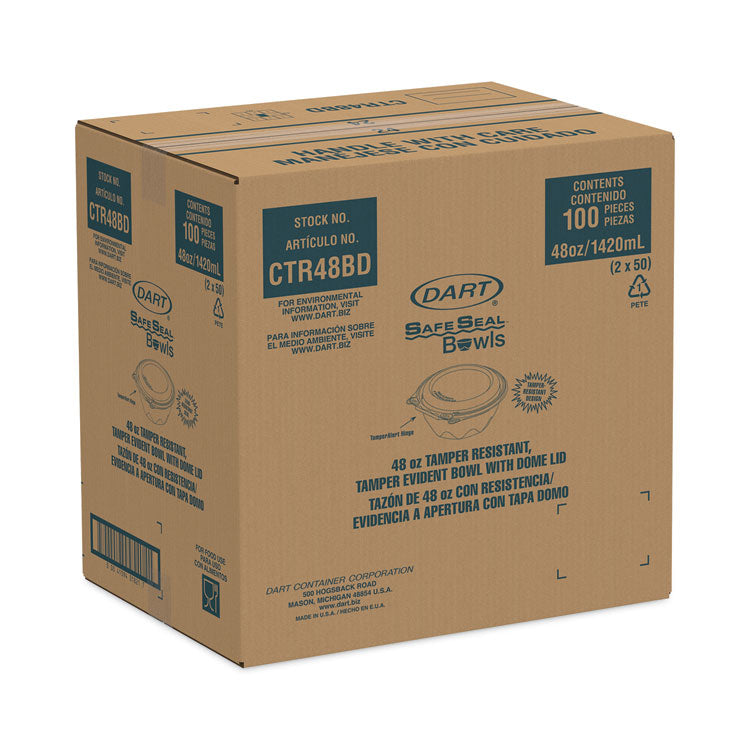 SafeSeal Tamper-Resistant, Tamper-Evident Bowls with Dome Lid, 48 oz, 8.9" Diameter x 3.4" h, Clear, Plastic, 100/Carton