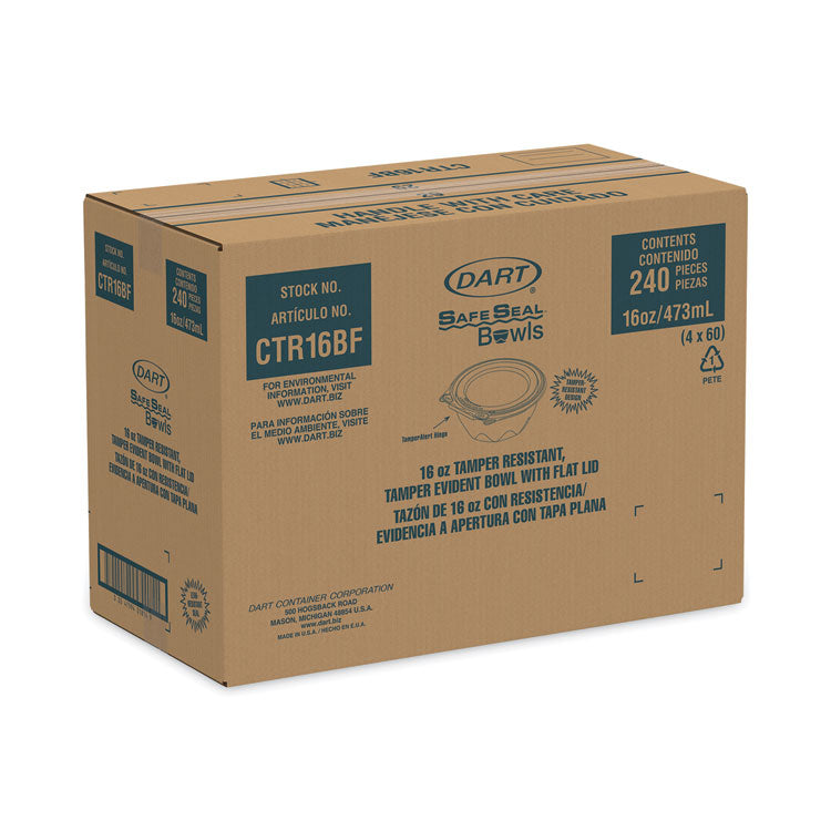 SafeSeal Tamper-Resistant, Tamper-Evident Bowls with Flat Lid, 16 oz, 5.5" Diameter x 2.7" h, Clear, Plastic, 240/Carton