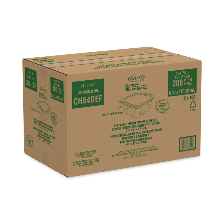 ClearPac SafeSeal Tamper-Resistant/Evident Containers, Flat Lid, 64 oz, Clear, Plastic, 100/Bag, 2 Bags/Carton