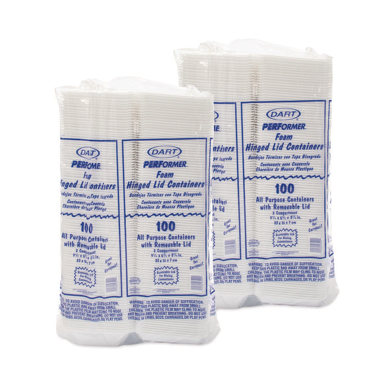 Foam Hinged Lid Containers, 6.4 x 9.33 x 2.9, White, 100/Bags, 2 Bags/Carton