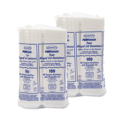 Foam Hinged Lid Containers, 6.4 x 9.33 x 2.9, White, 100/Bags, 2 Bags/Carton