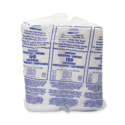 Hinged Lid Carryout Container, 9.5 x 10.33 x 3.5, White, Foam, 100/Bag, 2 Bags/Carton